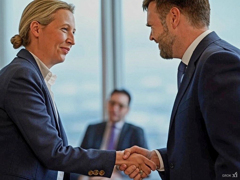 美國副總統范斯近日與極右翼政黨「德國選擇黨」（AfD）領導人艾麗絲·魏德爾（Alice Weidel）會面，引發了外界強烈批評，認為這是在為民族主義甚至納粹意識形態背書。 圖:翻攝自X帳號@breisgauer_01