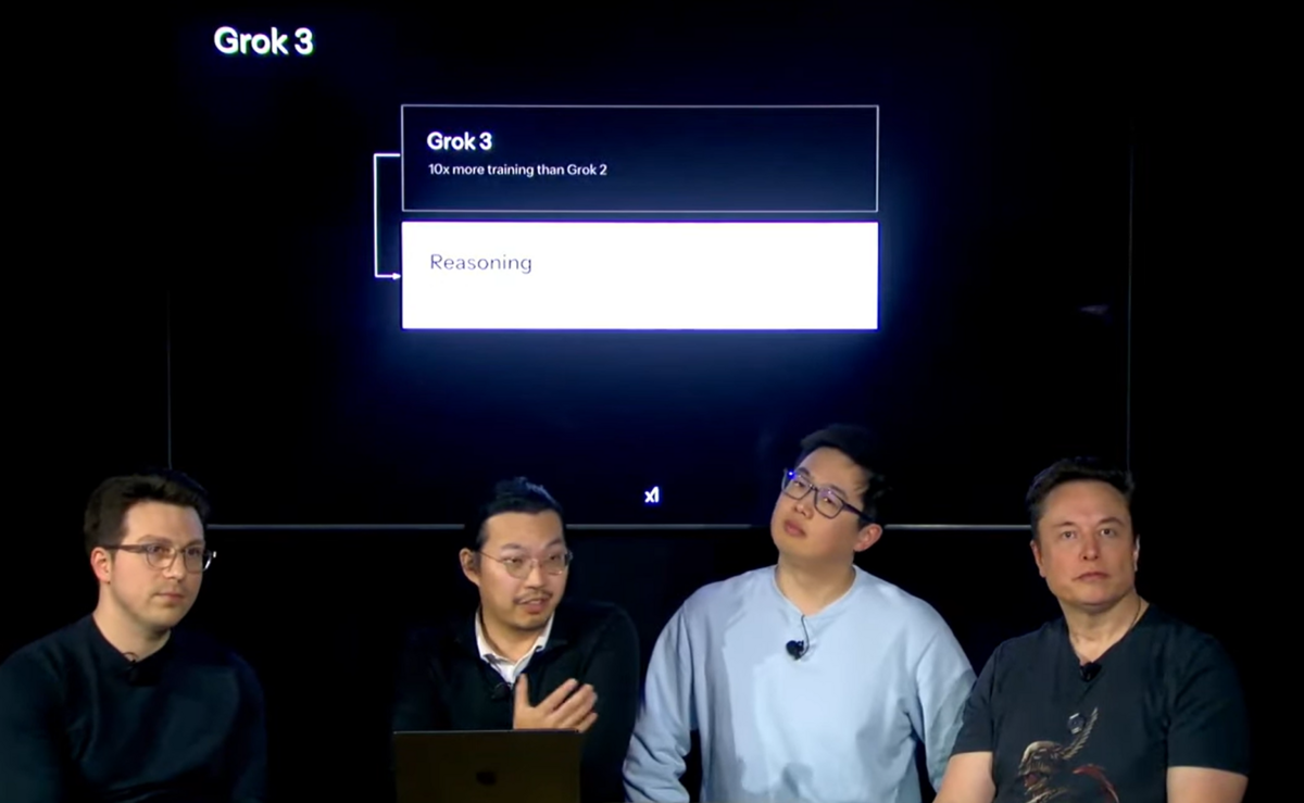 X AI推出Grok 3，馬斯克稱其性能超越GPT-4，並用「聰明得嚇人」形容。 圖：翻攝自Grok 3發表直播