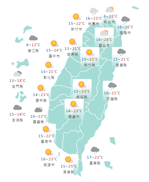 氣象署公布各地天氣預報概況。 圖：氣象署提供