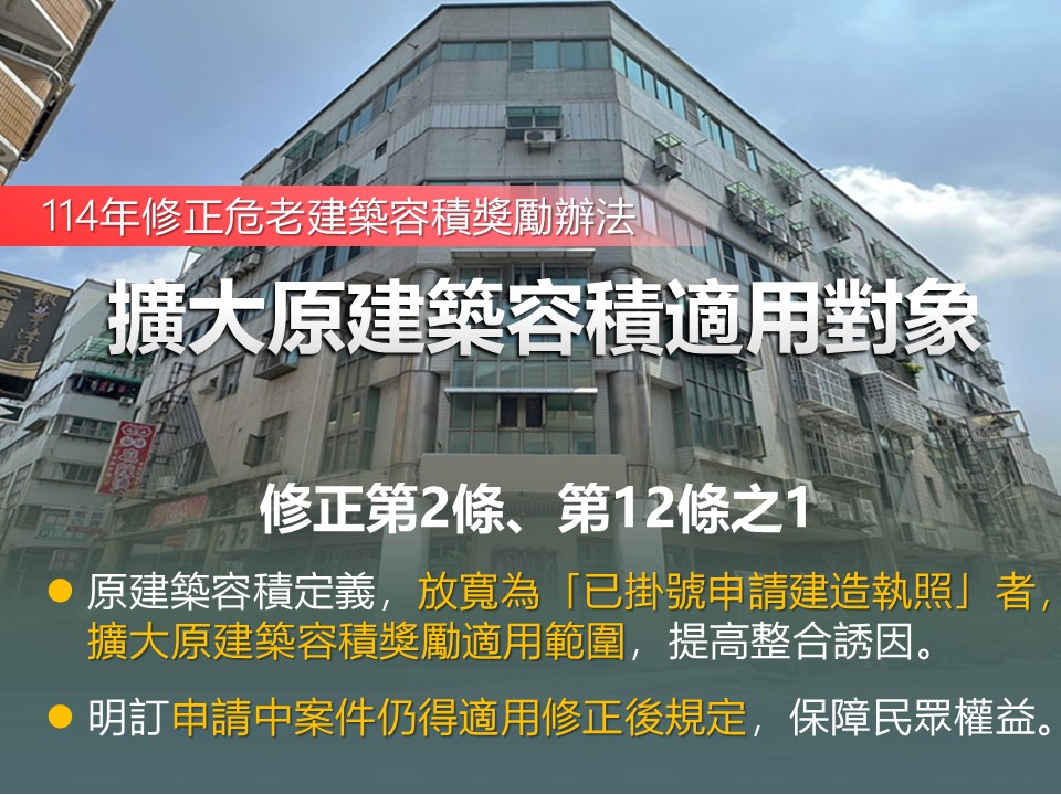 內政部今(20)日部務會報通過「都市危險及老舊建築物建築容積獎勵辦法」修正草案。 圖：內政部提供