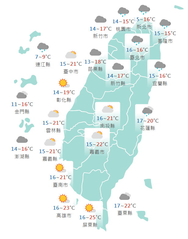 氣象署公布各地天氣預報概況。 圖：氣象署提供