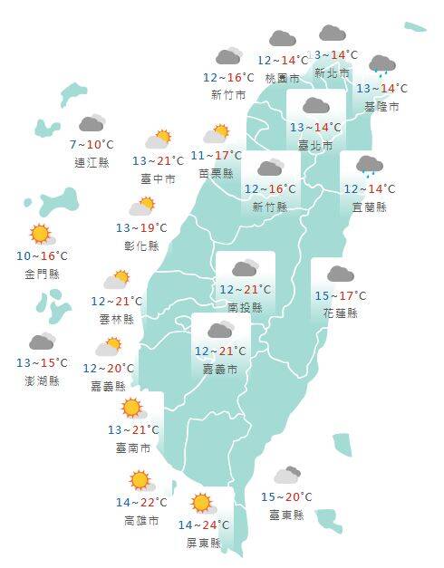 氣象署公布各地天氣預報概況。 圖：氣象署提供