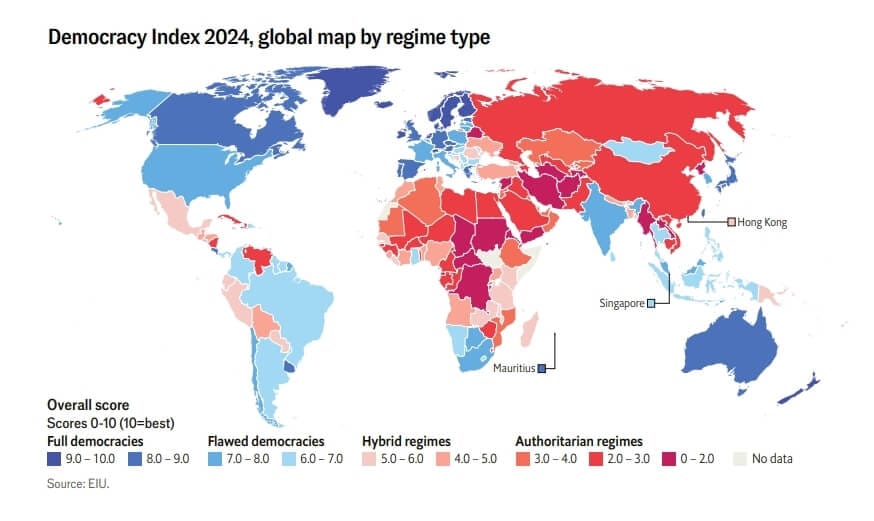 經濟學人資訊社（EIU）近日發布2024年度民主指數（Democracy Index），台灣在全球167個國家與地區中排名第12，穩坐亞洲最民主國家寶座，並被評定為「完全民主」（Full Democracy）國家。 圖:翻攝自經濟學人資訊社