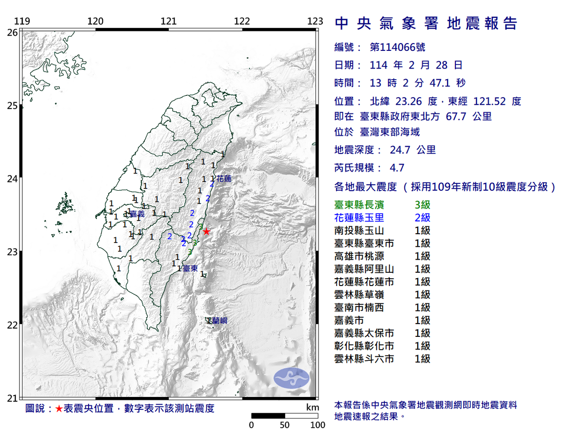 今(28)日下午台東發生4.7規模地震。 圖：翻攝自中央氣象署官網