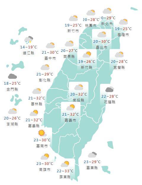 氣象署公布各地天氣預報概況。 圖：氣象署提供