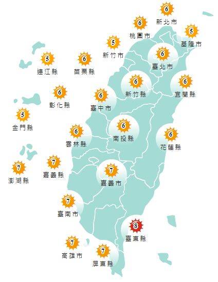 氣象署發布各地紫外線指數預報概況。 圖：氣象署提供