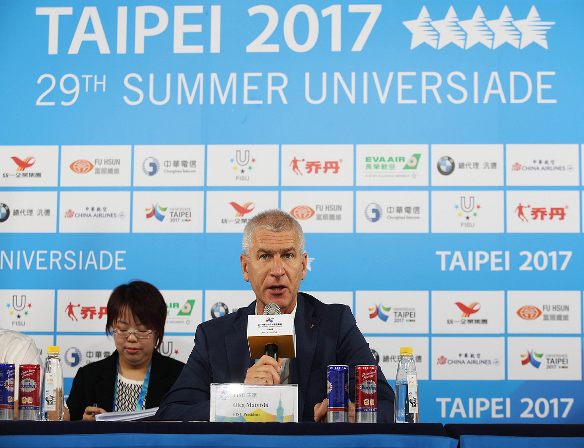 針對抗議年改民眾造成的運動員延遲進場，FISU發表聲明。圖為FISU理事長馬提辛（Oleg Matytsin）。 圖：台北市政府提供