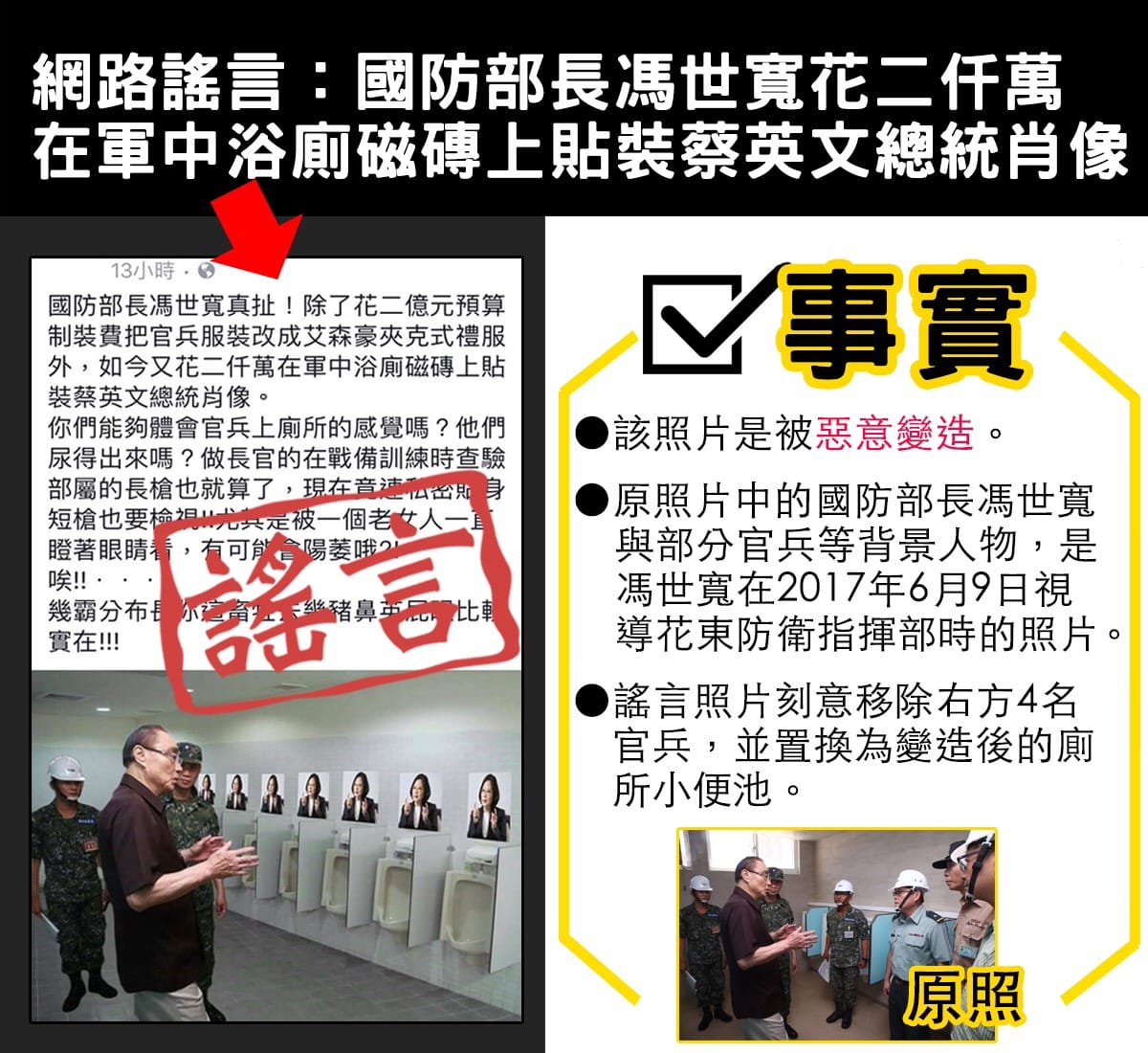 國防部將網傳圖文和原照片加以對比，證實該照片是被惡意變造。 圖:翻攝自國防部發言人臉書