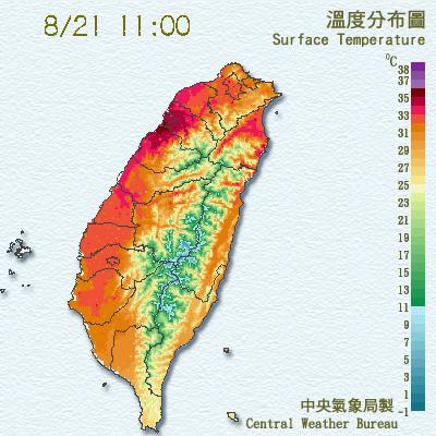 中央氣象局11:29發布即時天氣訊息，受到颱風外圍環流沉降影響，今(21)日北部地區將有36度以上高溫。 圖：中央氣象局