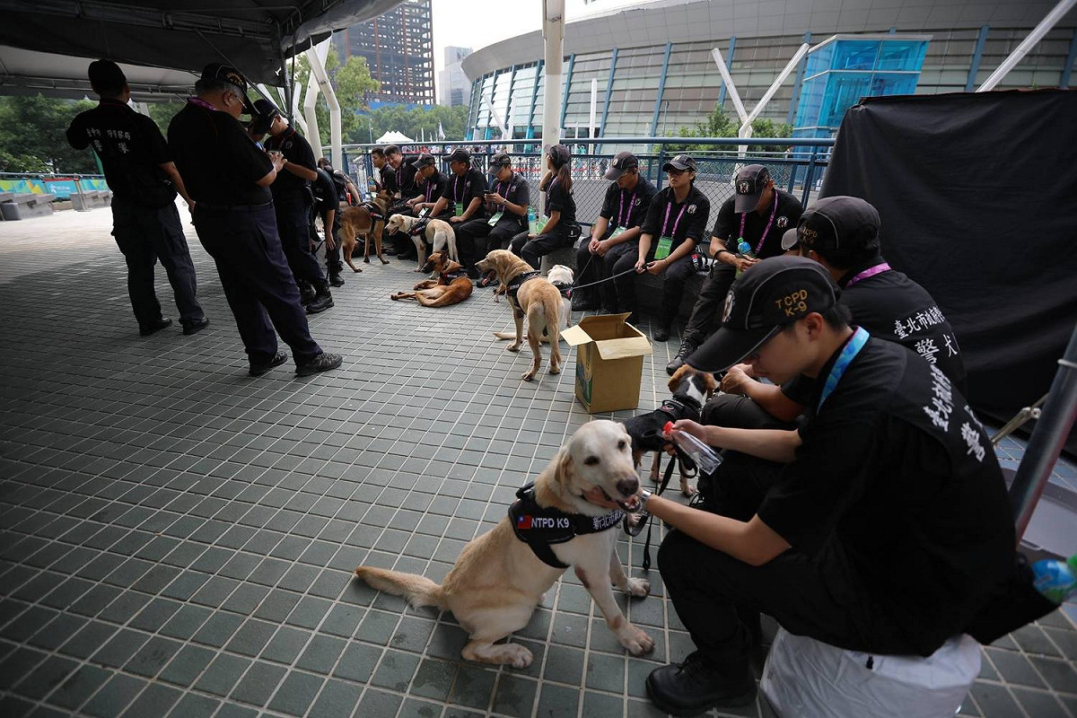 警犬們在休息時間都會趴在地上，領犬員也沒忘了及時給狗狗們補充水分，讓警犬們都能在健康的狀態下執行任務。 圖：翻攝自新北市政府警察局 警犬隊 NTPD K-9 UnitFB粉絲專頁