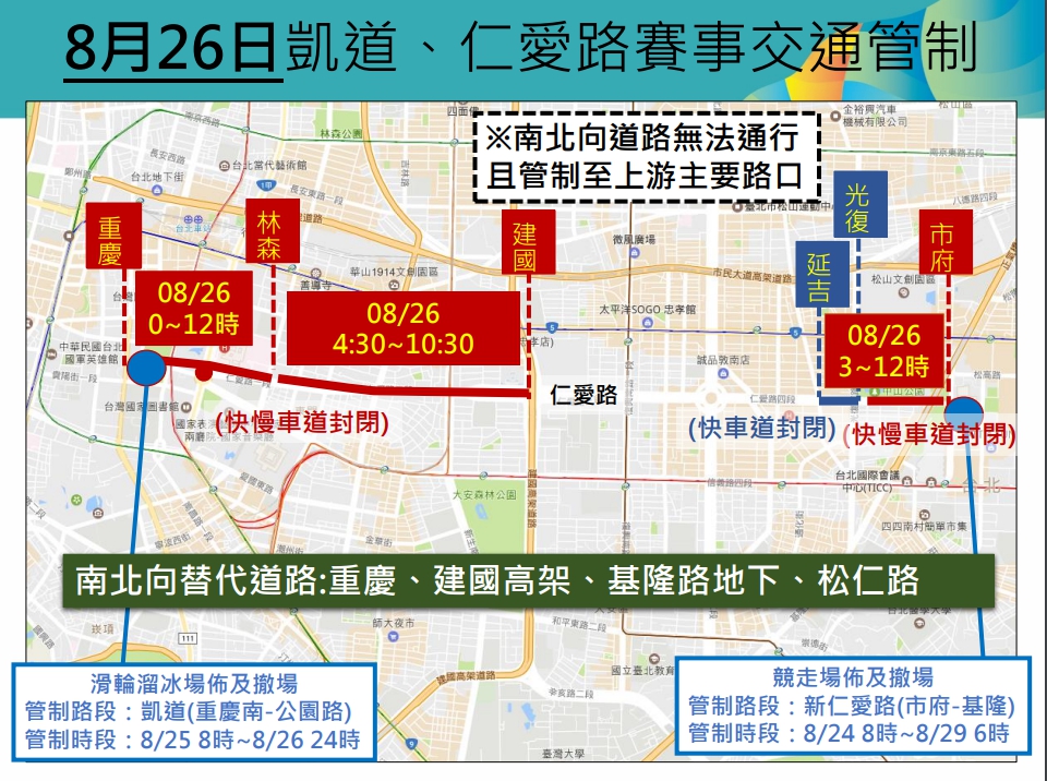 2017台北世大運公路賽將要在本周末登場，屆時台北市政府將為比賽管制凱達格蘭大道以及仁愛路，到底有那些路不能走，要改走哪條路線，這張圖讓你一秒看懂！ 圖：台北市政府提供