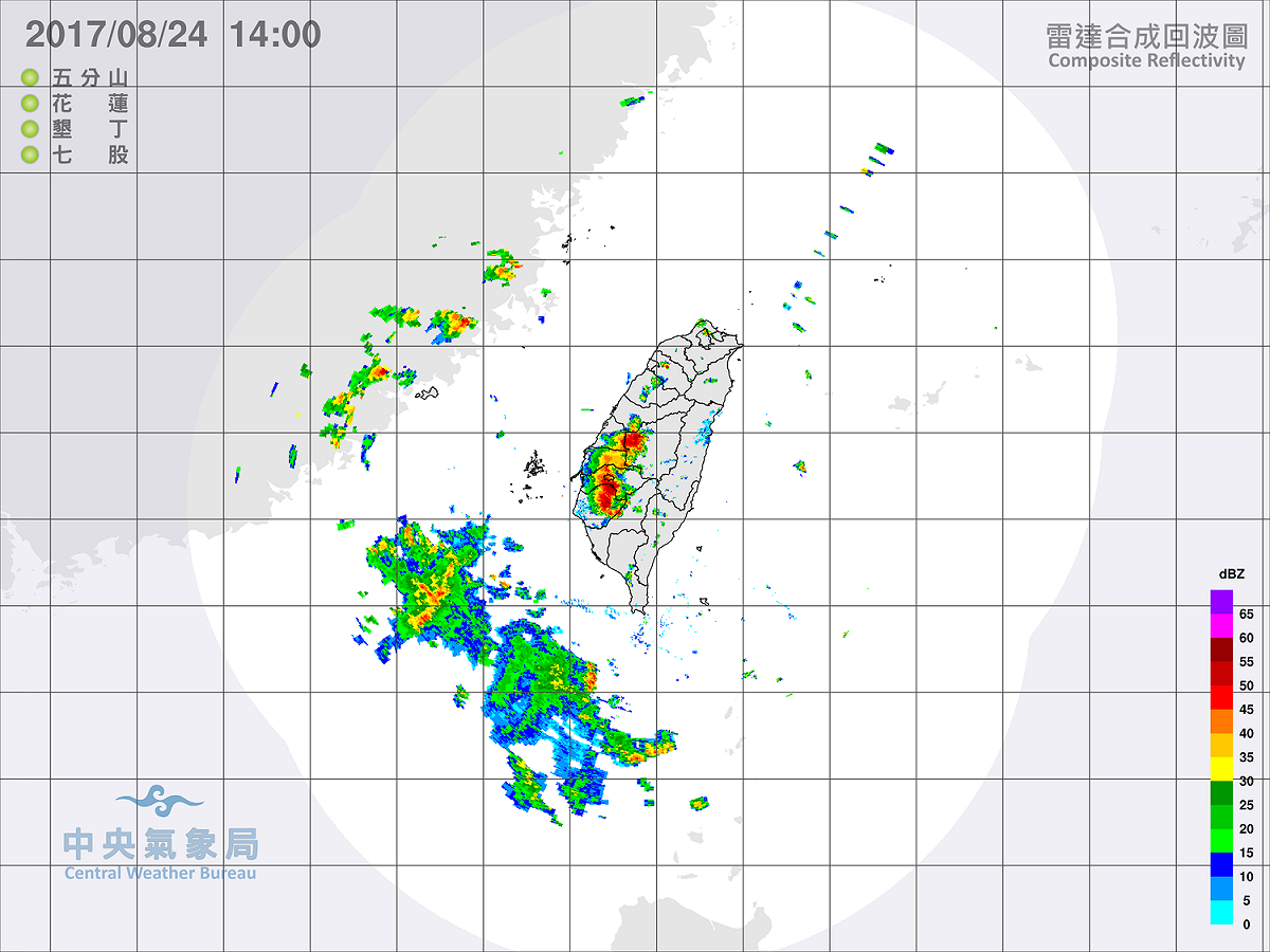 中央氣象局14:05分發布豪雨特報，南投、雲林、嘉義及台南有局部大雨或豪雨發生的機率，請民眾遠離山區及溪流，確保自身安全。 圖：中央氣象局