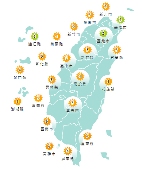 氣象署發布各地紫外線指數預報概況。 圖：氣象署提供