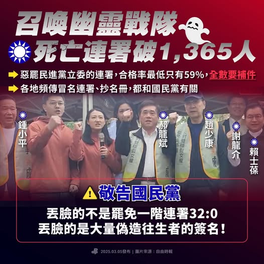 民進黨官方臉書今（5）日PO文敬告國民黨：丟臉的不是罷免一階連署32:0，而是大量偽造往生者的簽名！ 圖：擷自民主進步黨官方臉書粉專