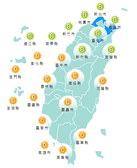 氣象署發布各地紫外線指數預報概況。 圖：氣象署提供