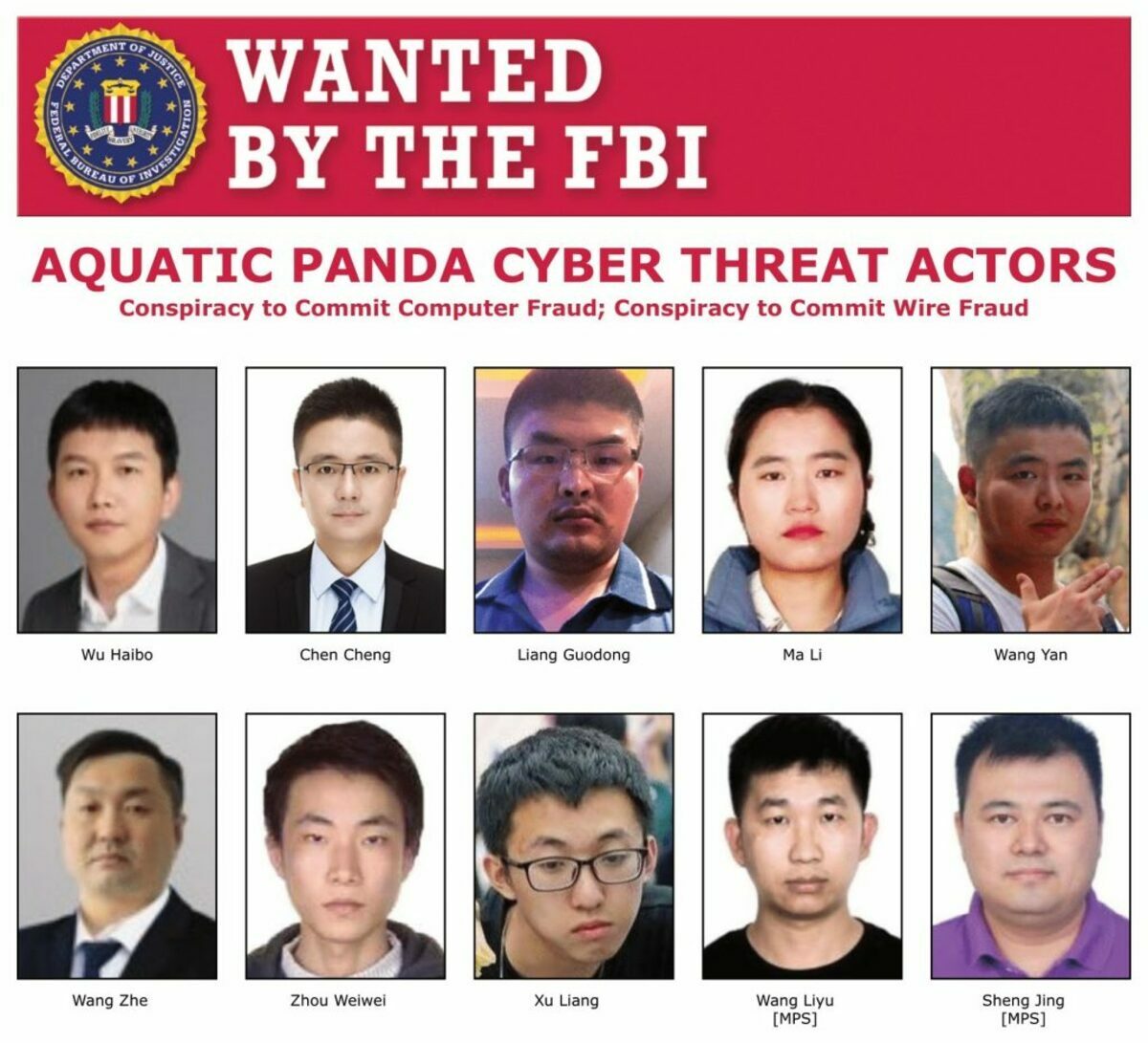 美國聯邦調查局通緝中國網路安全公司安洵信息的創始人吳海波及其員工，以及兩名中國公安部官員。他們被指控參與全球性的網路攻擊活動。 圖：取自FBI網站