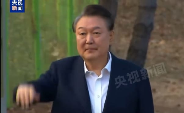 南韓總統尹錫悅獲釋後，在首爾拘留所外揮手向民眾致意。 圖 : 翻攝自央視新聞