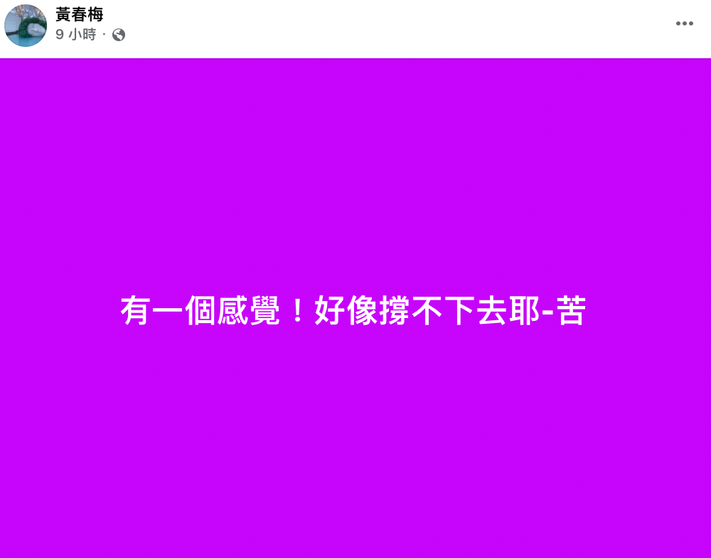 今(10)日凌晨「S媽」黃春梅突表示「好像撐不下去」，似乎仍未走出喪女之痛。 圖：翻攝自黃春梅FB