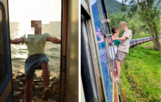 許多到斯里蘭卡旅遊的乘客，愛把身體整個探出火車外拍美照。 圖 : 翻攝自微博