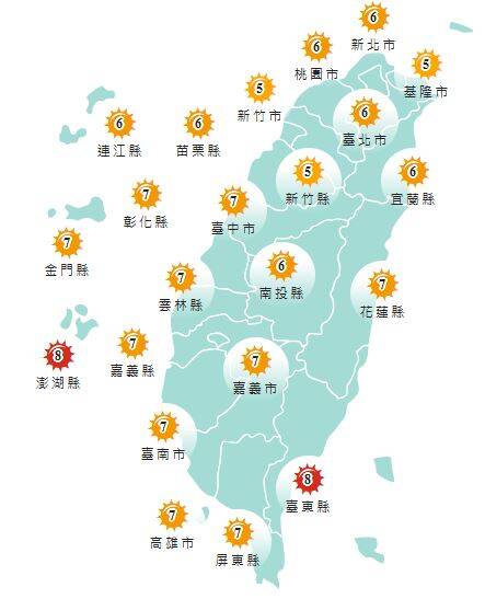 氣象署公布各地紫外線指數預報概況。 圖：氣象署提供