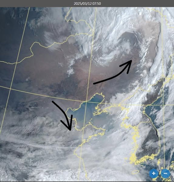 前中央氣象局長鄭明典貼出衛星雲圖表示，沙塵有可能傳播到遠處，但是已經明顯被混合稀釋。 圖：翻攝自鄭明典臉書