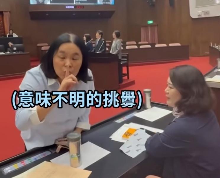 國民黨立委陳玉珍試圖動用身材優勢卡位擋住民進黨立委吳思瑤的視線。 圖：林俊憲臉書
