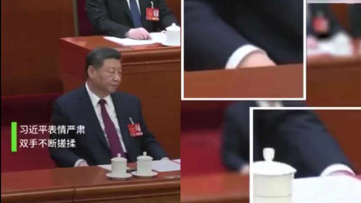 影片畫面顯示，習近平當天表情嚴肅，雙手頻繁搓揉，甚至被觀察到有顫抖現象。 圖:翻攝自影片(新頭殼合成)