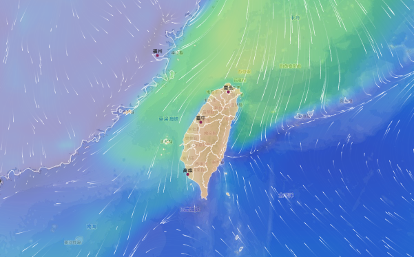 林得恩指出，這波冷空氣強度再升級，有機會達到寒流門檻。(圖為週日台灣周圍溫度) 圖：翻攝自中央氣象署風場預測圖