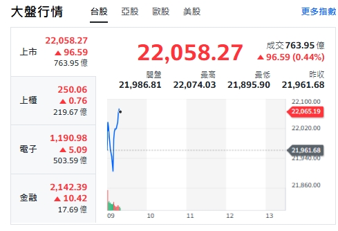 台股今天(14日)開紅漲近百點後，又下挫跌深，約9點18分，黑又翻紅，漲約96點，最高來到22074點。 圖: 擷取自yahoo台股走勢圖