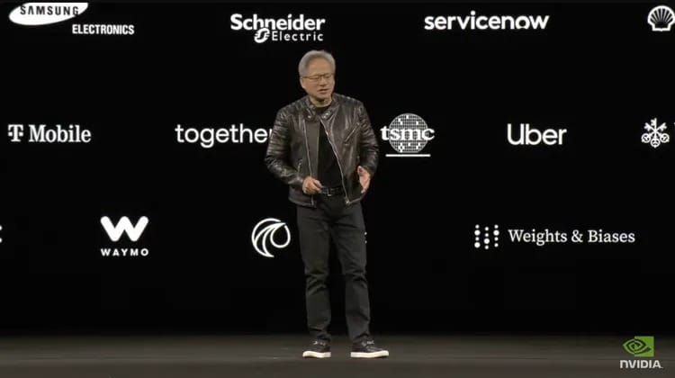 黃仁勳GTC 2025主題演講背板上，出現台積電的Logo。 圖：翻攝輝達YouTube