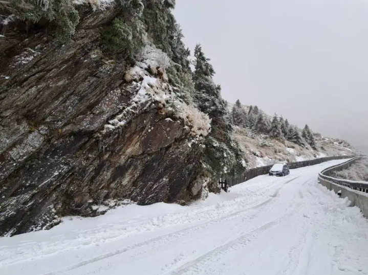 目前公路局派出鏟雪車來回清除道路積雪，周邊道路限加掛雪鏈。 圖：林業署南投分署／提供