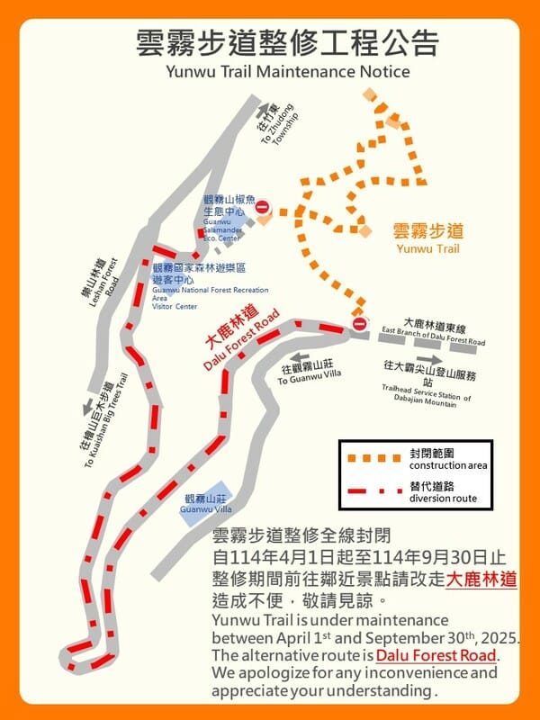 雪霸觀霧遊憩區雲霧步道自4月1日起整修全線封閉。 圖：翻攝自雪霸國家公園管理處官網