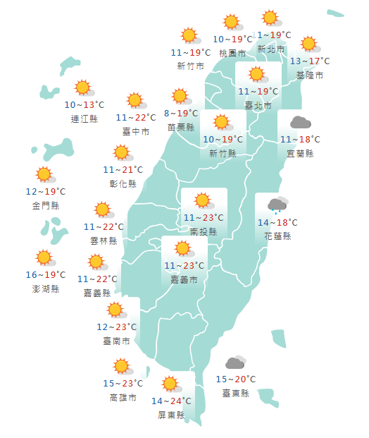 氣象署公布各地天氣預報概況。 圖：氣象署提供