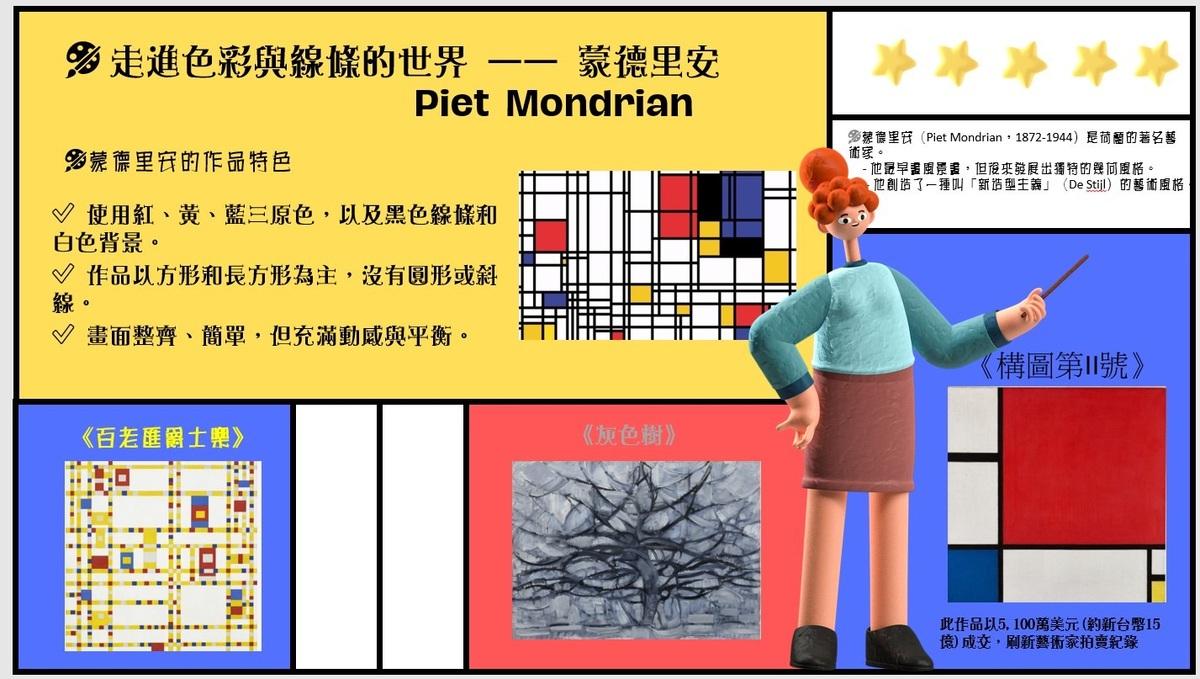 溪洲國小在公佈欄介紹藝術家蒙德里安讓學生認識。 圖：高雄市教育局/提供