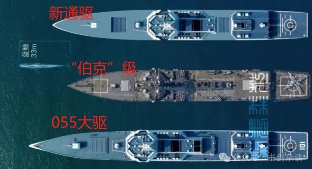 中國網路流傳「新一代通用驅逐艦」，網友比較美軍勃克級、自有的055型驅逐艦艦身尺寸。 圖：翻攝「微博」書劍雜談