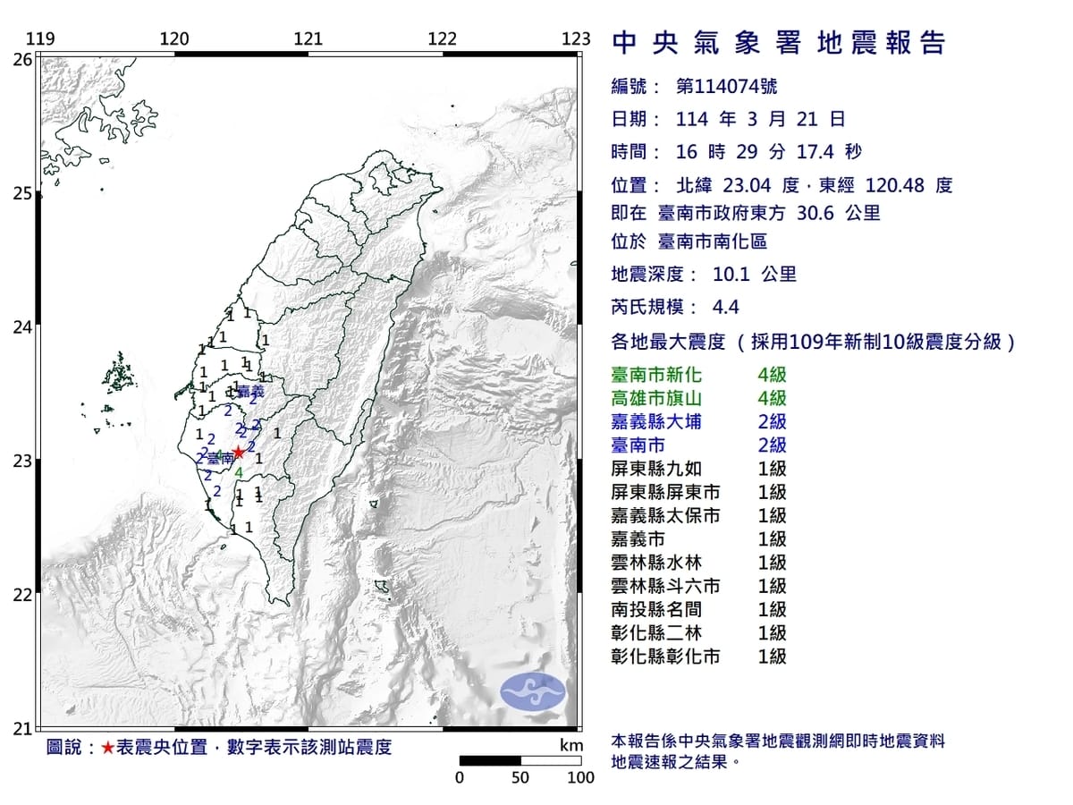 今(21)日下午16時29分許，南部地區發生芮氏規模4.4有感地震，震央位於台南市南化區。 圖：中央氣象署／提供