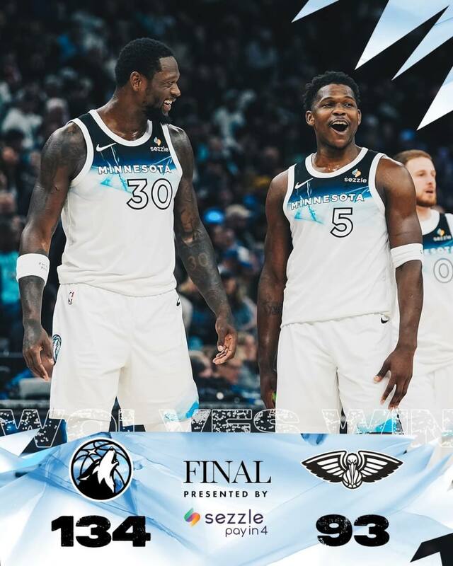 NBA明尼蘇達灰狼22日以134比93擊敗紐奧良鵜鶘。（圖取自x.com/Timberwolves）