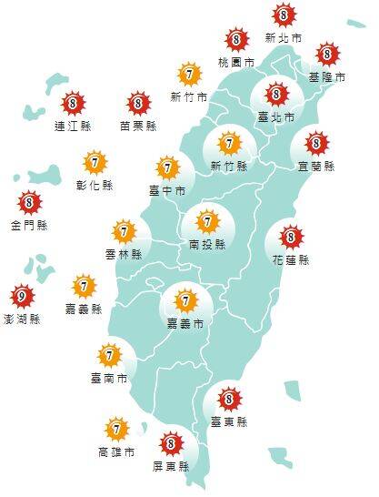 氣象署發布各地紫外線指數預報概況。 圖：氣象署提供