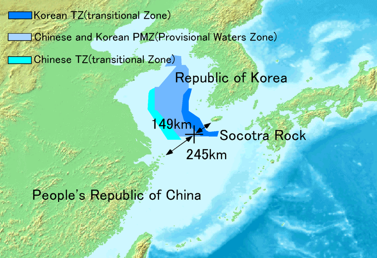▲淺藍色地區是中、韓兩國在黃海的「臨時措施區」。 圖：取自維基百科 CC BY-SA 3.0
