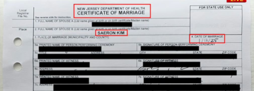 金賽綸丈夫事後發聲否認施行暴力，並曬出結婚證書證明此事為真。 圖：翻攝自橫豎研究所YT頻道