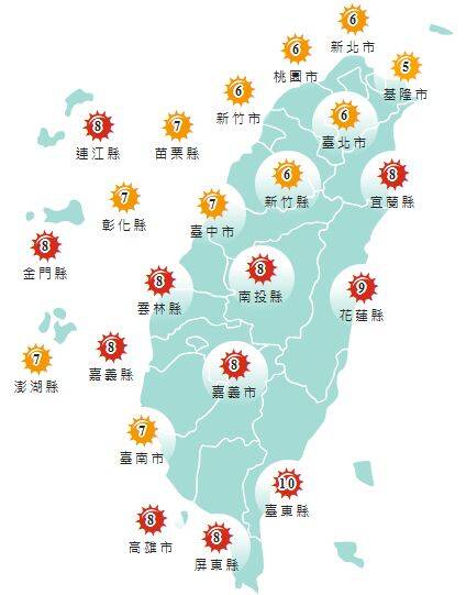 氣象署發布各地紫外線指數預報概況。 圖：氣象署提供