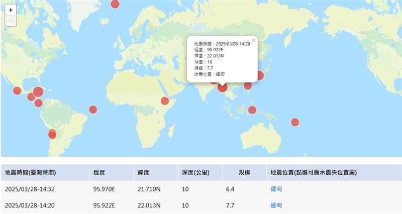 緬甸28日發生規模7.7地震。 圖：氣象署提供