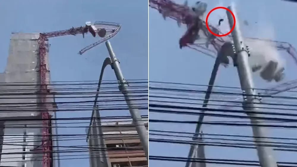 曼谷高樓起重機被強震震落，操作員重摔當場死亡。 圖：翻攝X（前推特）