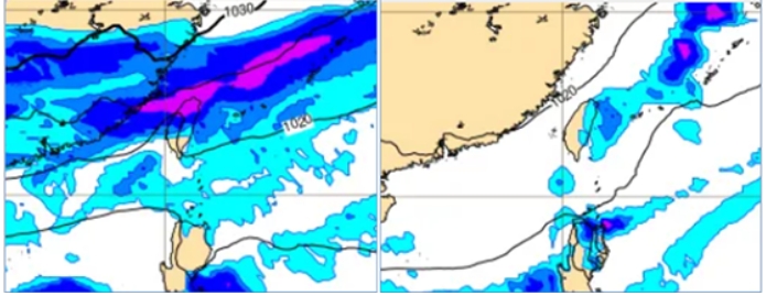 左圖：最新(29日20時)歐洲模式(ECMWF)，模擬今(30)日8時地面氣壓及降水圖顯示，降雨範圍擴大至中部以北、有較大雨勢，南部地區偶有局部短暫雨的機率。右圖：最新(29日20時)歐洲模式(ECMWF)，模擬週三(2日)8時地面氣壓及降水圖顯示，北部、東半部仍有雨，降雨範圍縮小、時間縮短。 圖/取自「洩天機教室」專欄