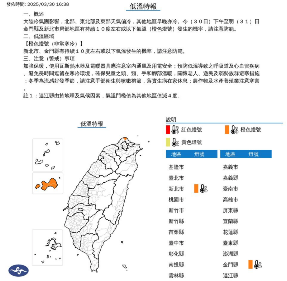 中央氣象署今(30)日下午針對新北市、金門縣等2縣市發布低溫特報，今晚至明日清晨間部分地區有持續10度左右或以下氣溫發生的機率，提醒民眾注意保暖。 圖：翻攝自中央氣象署官網