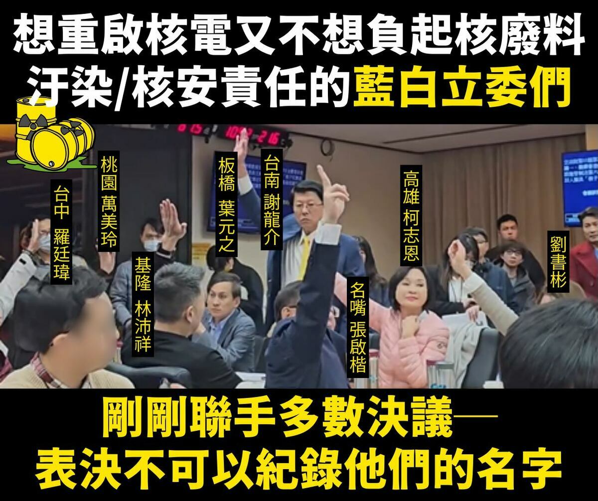 藍白立委想重啟核電，卻在表決是不敢「記名」，遭綠轟是不負責任、太離譜！ 圖：翻攝自民進黨團FB