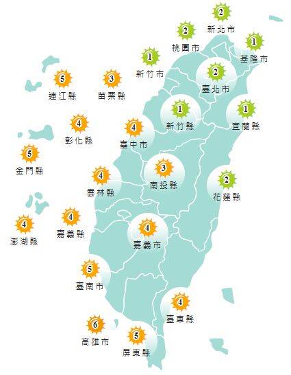 氣象署公布各地紫外線指數預報概況。 圖：氣象署提供