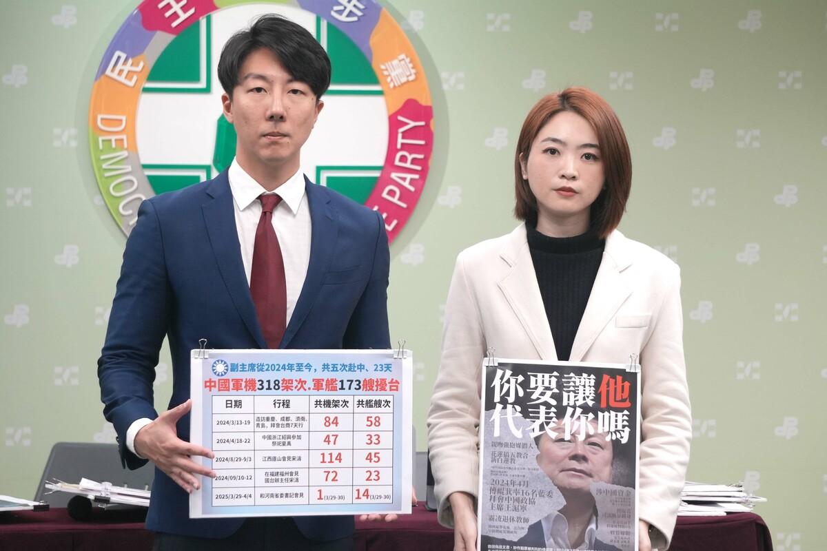 民進黨發言人吳崢和韓瑩召開記者會，讉責共軍破壞區域和平穩定，而國民黨無視中國對台軍事威脅武力恫嚇，大玩兩面手法，一面說反共，一面在親共。 圖：民進黨提供