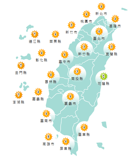 氣象署公布各地紫外線指數預報概況。 圖：氣象署提供