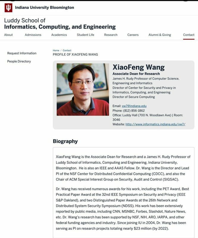 印第安納大學官網刪除了王曉峰的資訊。圖為未刪除前的資料。 圖：翻攝自印第安納大學官網